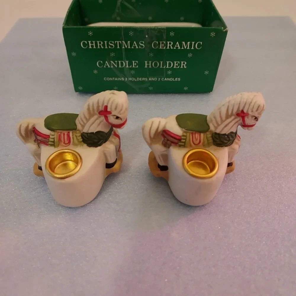 Vintage Christmas Rocking Horse Ceramic Candler Holders